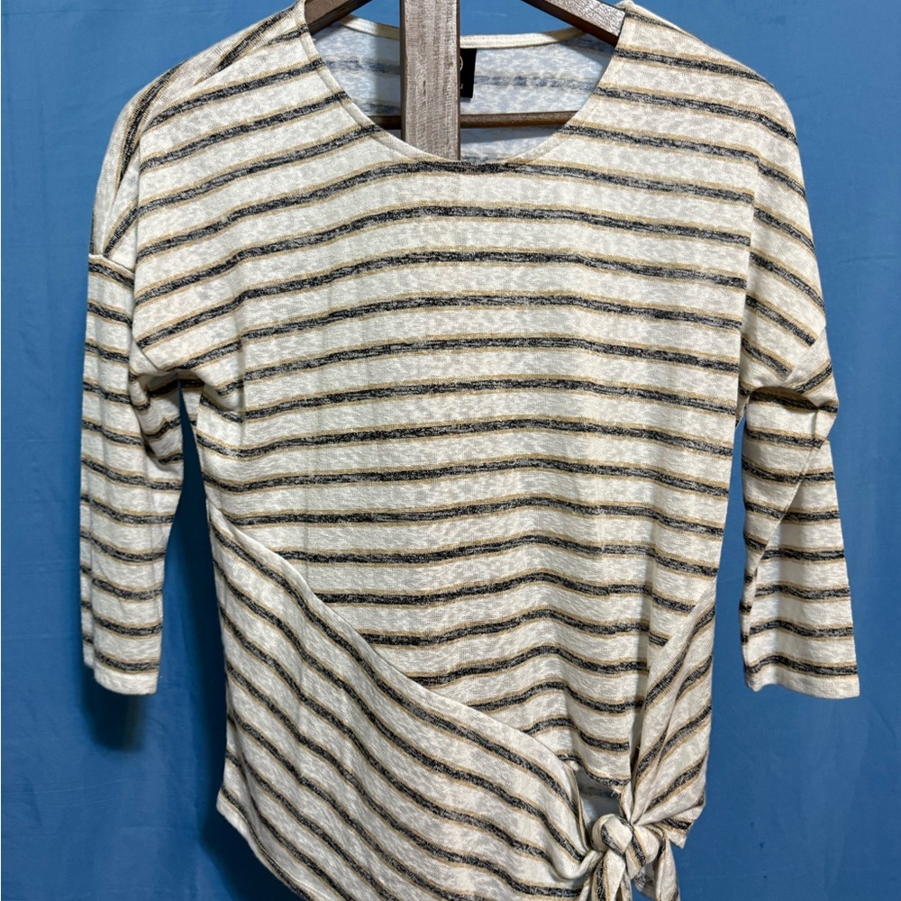 Bobeau Cream and Black Striped Long Sleeve Top